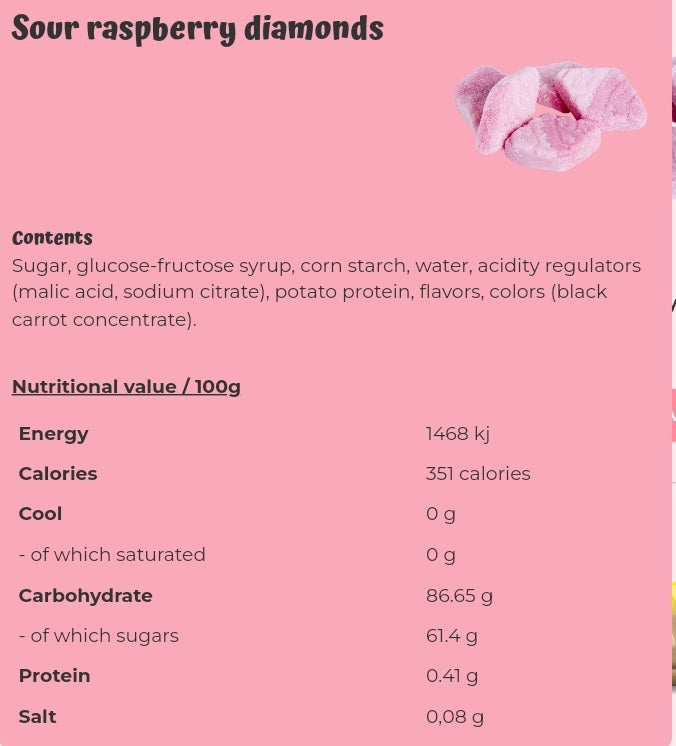 Sour raspberry diamonds - per. 100 grams