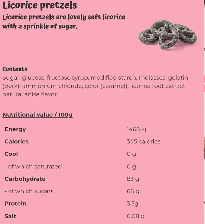 Licorice pretzels - per 100 grams