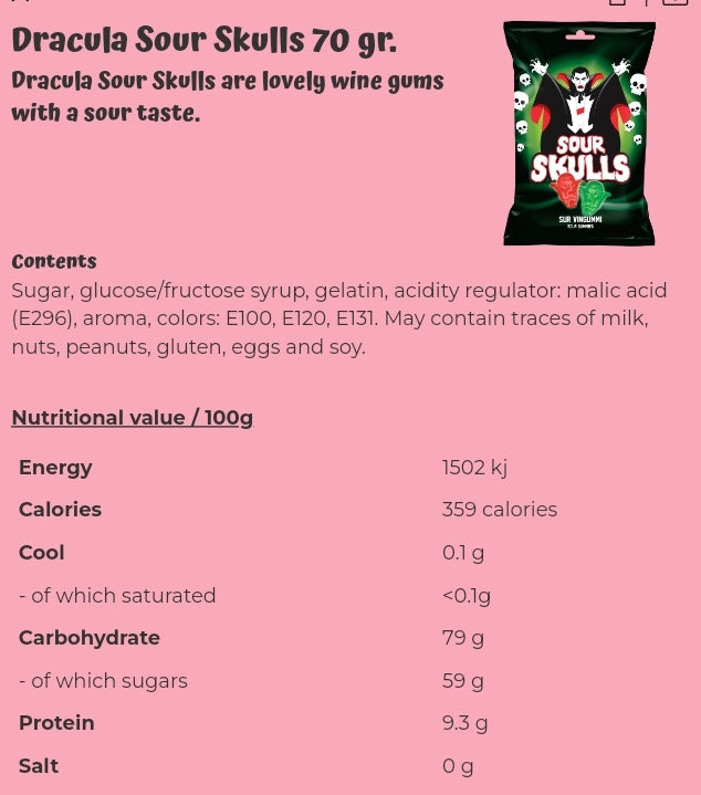 Dracula Sour Skulls 70 gr. - per. bag